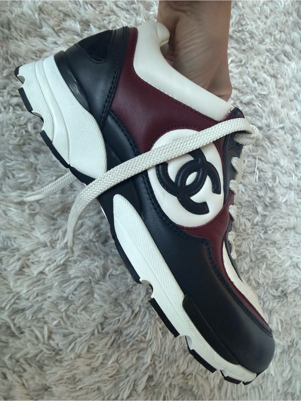 CHANEL Multicolor Leather Lace-Up Sneakers in White, Black & Burgundy - Picture 8 of 8